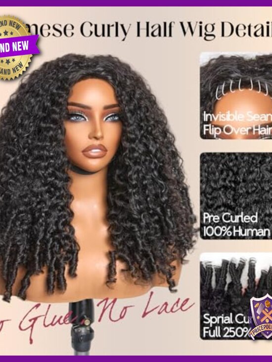 250% Density Human Hair Half Wig, 22 Inch Glueless Seamless Flip Over